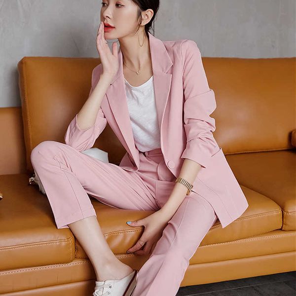 

female professional wear spring and autumn high-quality women's solid color suit 2-piece casual trousers set 210527, White