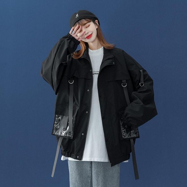 

women's jackets bomber jacket men and women 2021 ribbons zipper outerwear fashion high street loose coat baseball male female, Black;brown