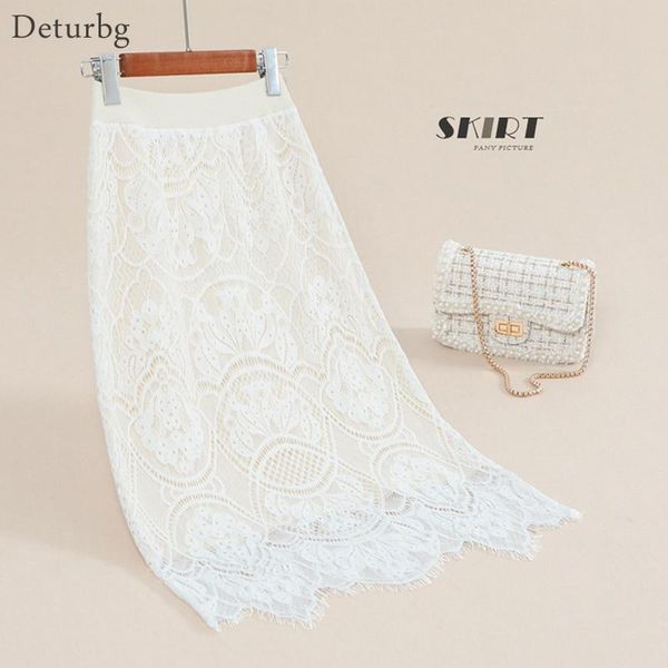 

skirts women's elegant reversible knitted midi skirt korean female waist soft lace floral autumn winter sk572, Black
