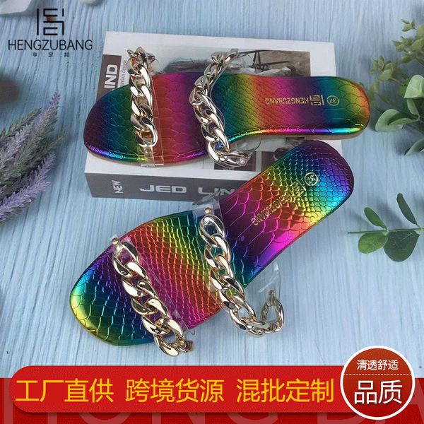 

luxury slippers summer chain sandals transparent flat bottom large size women's sho wear slippers, Black