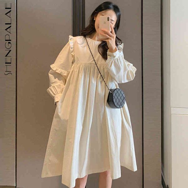 

shengpllae sweet edible tree funhus spliced dress women's summer round neck loose puff sleeve mini dresses fashion 5c71 210427, White