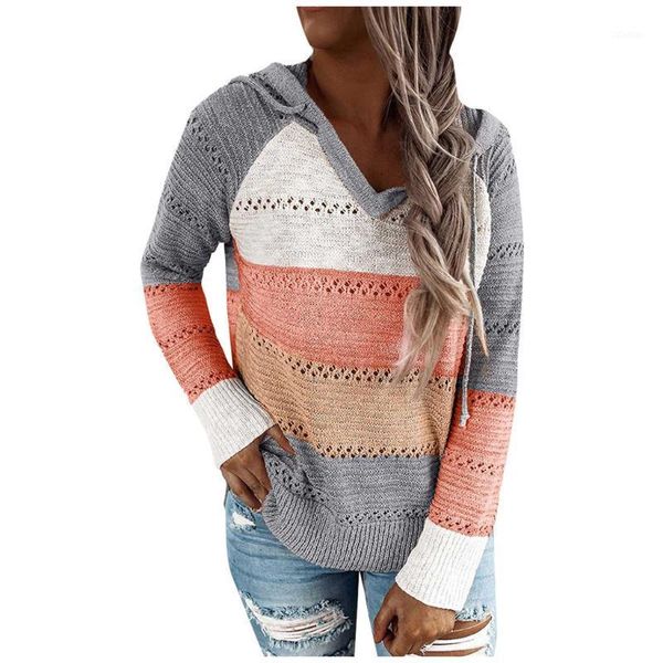 

women's sweaters 2021 autumn v neck patchwork hooded sweater women long sleeve knitted winter striped elegant pullover jumpers z0826, White;black