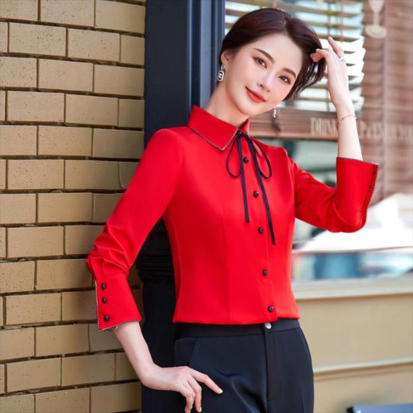 

women's blouses & shirts elegant spring/autumn female clothing red white women and blouse casual fashion long sleeve office ladies plu