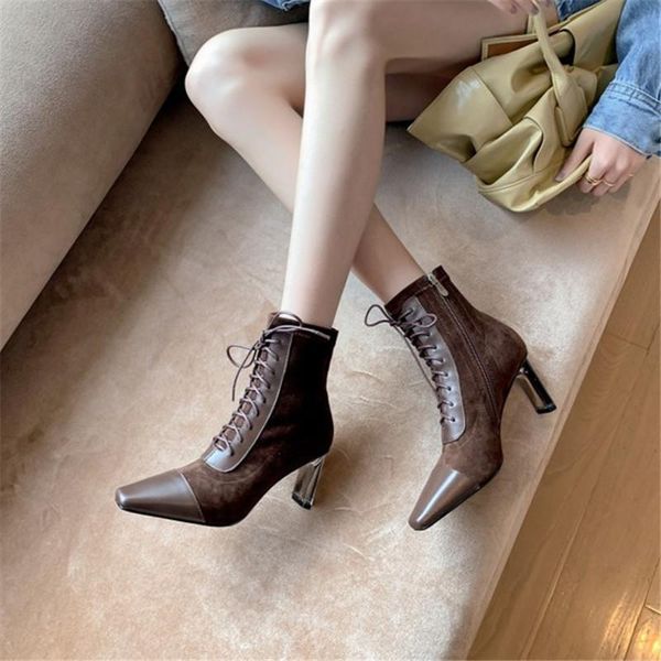 

boots pxelena 2021 spring winter fashion women crystal high heels ankle genuine leather+cow suede lace up dress party lady shoes, Black