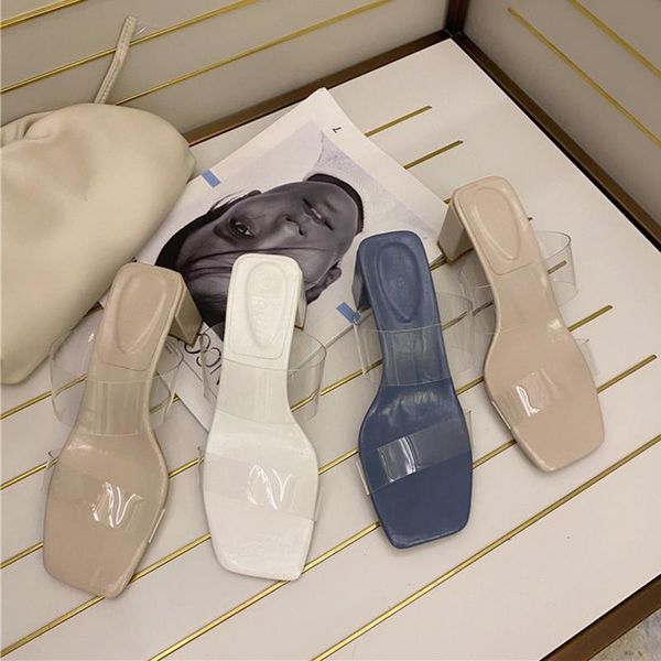 

summer luxury women blue white low heels prom slides fashion transparent open square toe clear high slippers shoes, Black