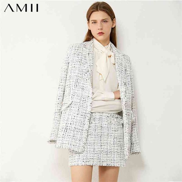 

minimalism autumn winter fashion temperament plaid tweed jacket high waist aline mini skirt suit female 12070344 210527, White