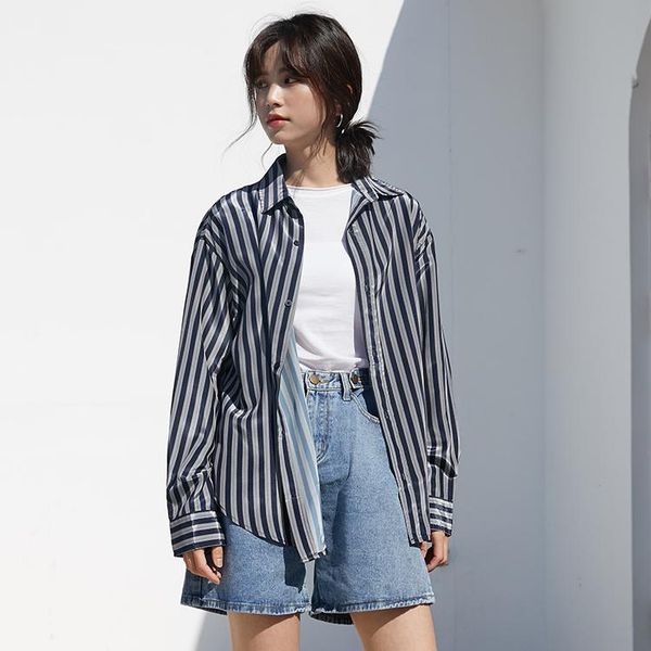

women's blouses & shirts 2021 spring turndown collar long sleeve vertical striped blouse ladies loose casual plus size female, White
