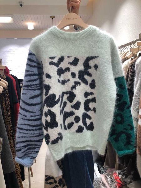 

women's sweaters thick autumn winter leopard pullover women synthetic mink cashmere sweater koraen lantern sleeve laidies pul, White;black