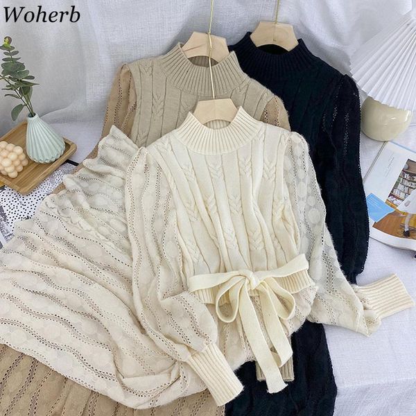 

casual dresses woherb autumn winter dress women knitted patch elegant lace female maxi robe sashes party vestidos femme 2021 sukienka, Black;gray