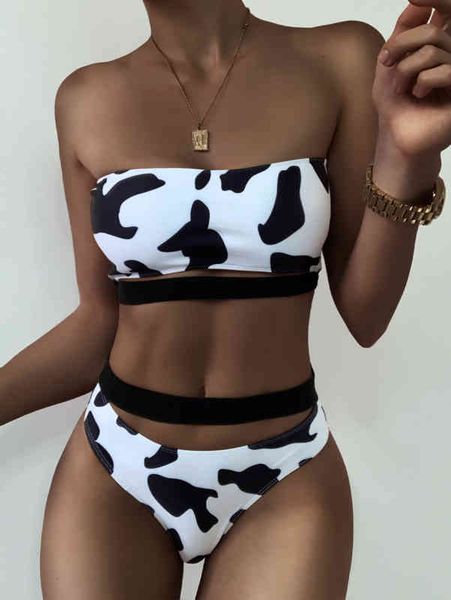 

open back hollow out cow print split swimsuit wrapped in bikini, White;black