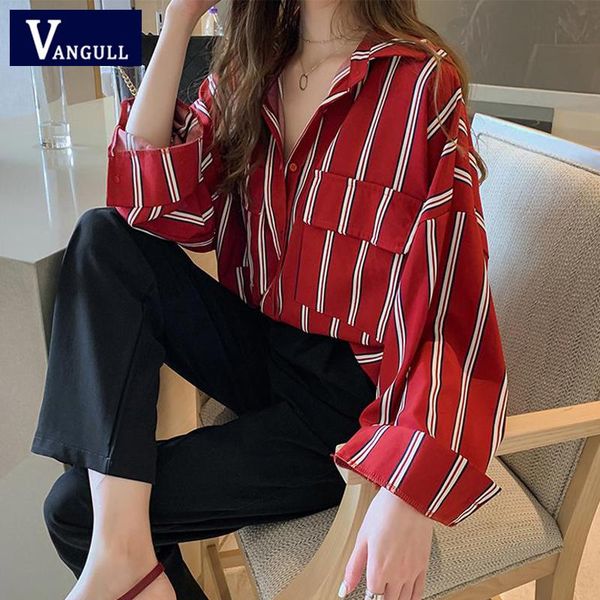 

women's blouses & shirts vangull striped women loose plus size 2021 spring long sleeve turn-down collar casual ladies, White