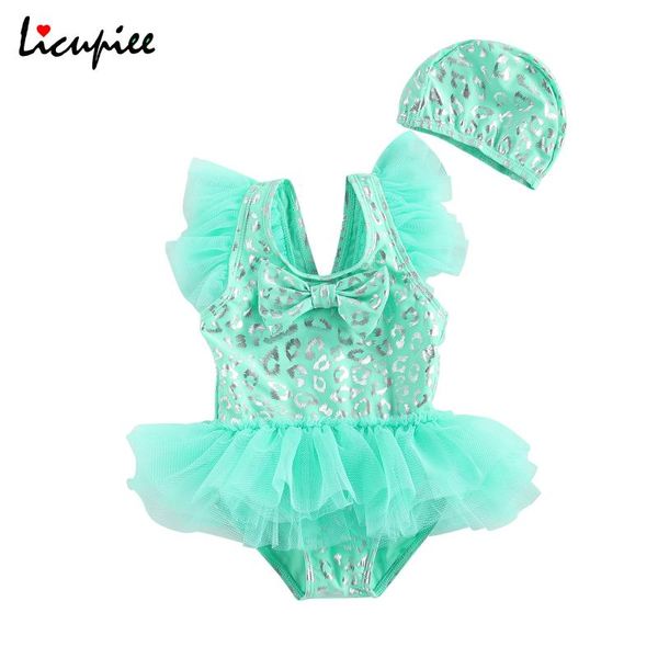 

1-6 years solid girl's swimsuit set, print flying sleeve tulle dress cap two-piece suit for vacation swimming beach clothing sets, White