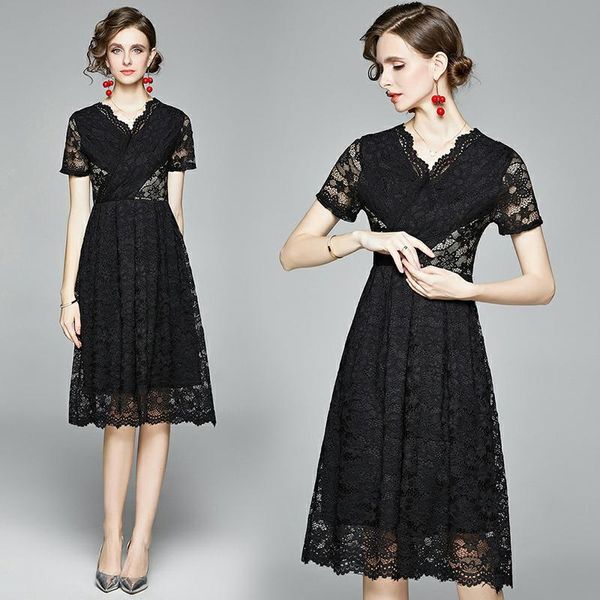 

casual dresses simgent v-neck lace dress summer women fashion short sleeve a line midi woman clothing vestidos robe dentelle sg07151, Black;gray