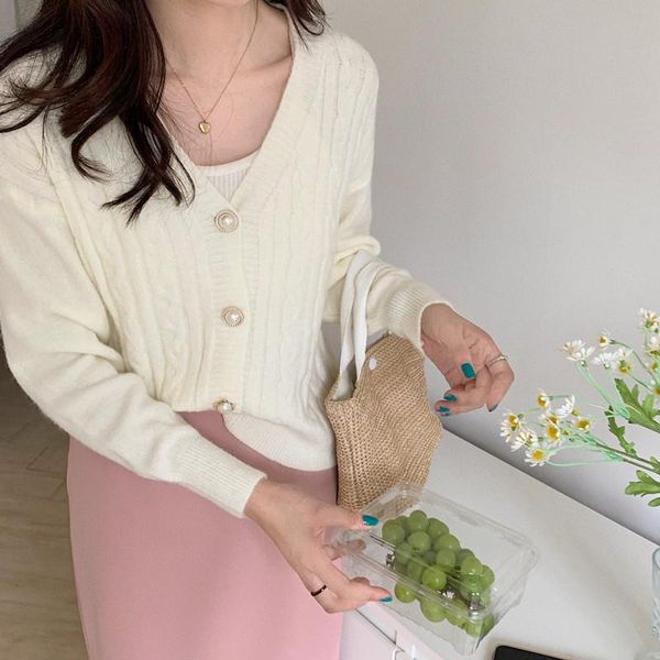 

women's t-shirt 2021 autumn winter gentle wind loose lazy v-neck sweater cardigan coat long sleeved knitted fashion, White