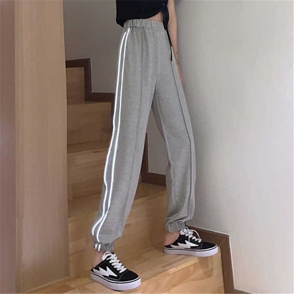 

women's pants & capris hip hop reflective women casual loose side stripe sweatpants grey black joggers broeken dames 0hhb, Black;white