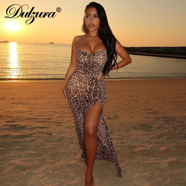 

leopard women strap maxi dress slit ruched lace up backless bodycon streetwear party elegnat 2021 summer festival, Black;white
