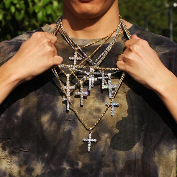 

pendant necklaces personality hip hop cross necklace for men bling real zircon crystal street rap homme fashion jewelry boyfriend, Silver