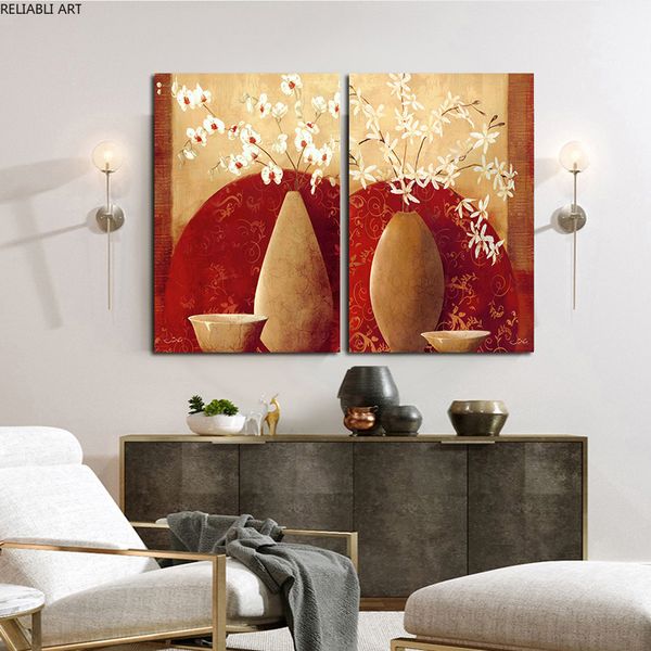 Cartaz moderno e impressão Óleo pintura de flores vaso vermelho e marrom arte pinturas para decoração da parede da sala de visitas
