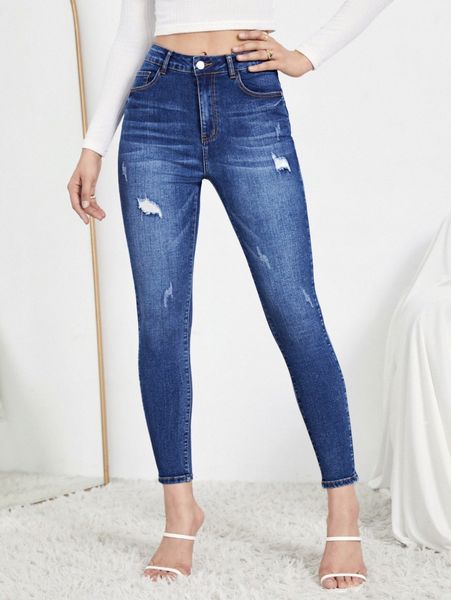 

dark washed skinny ripped jeans t52j#, Blue