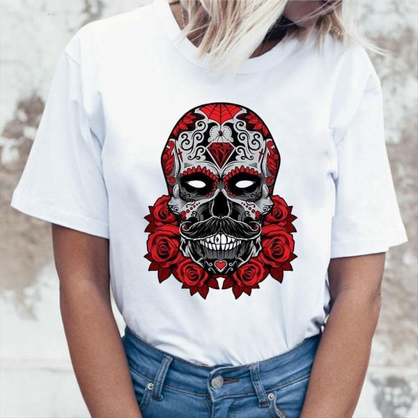 

funny short sleeve floral womens t shirts skull printed harajuku aesthetic clothes vogue o neck tee femme, White