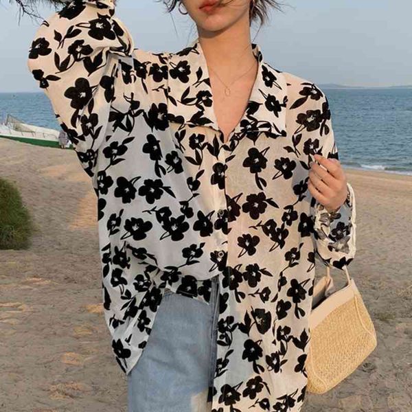 

women's blouses & shirts vintage flower loose long-sleeved new sunscreen ladies chic fashion all-match casual long pkvb, White