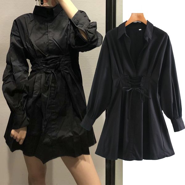 

casual dresses black lace up bow dress lapel midi long sleeves single breasted woman slim waist chic party es qlrn, Black;gray