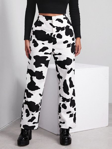 

buttoned front cow print pants c7ym#, Black;white