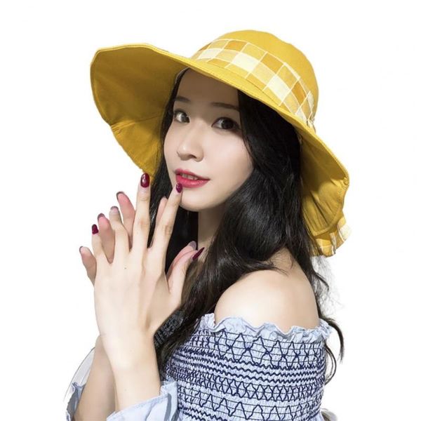 

wide brim hats casual uv protection double side plaid bow superlarge foldable bucket hat sun sweat absorbing for outdoor, Blue;gray