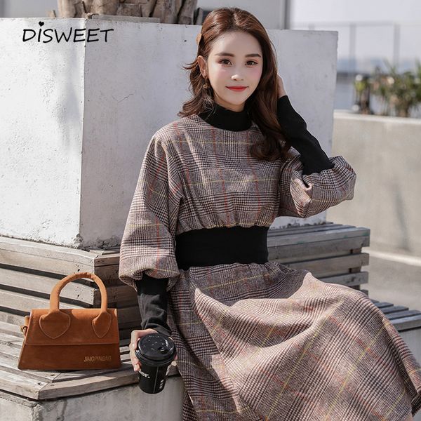 

dresses korean version of the autumn and winter plaid vintage neck high waist slim long sleeves fashion a-word robe, Black;gray