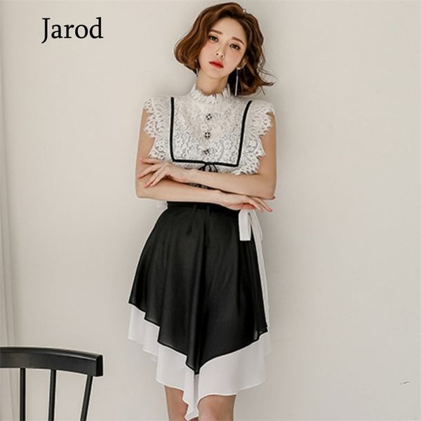 

summer sleeveless stand neck white lace blouse shirt + casual loose irregular skirt two piece chiffon suit dress 210519