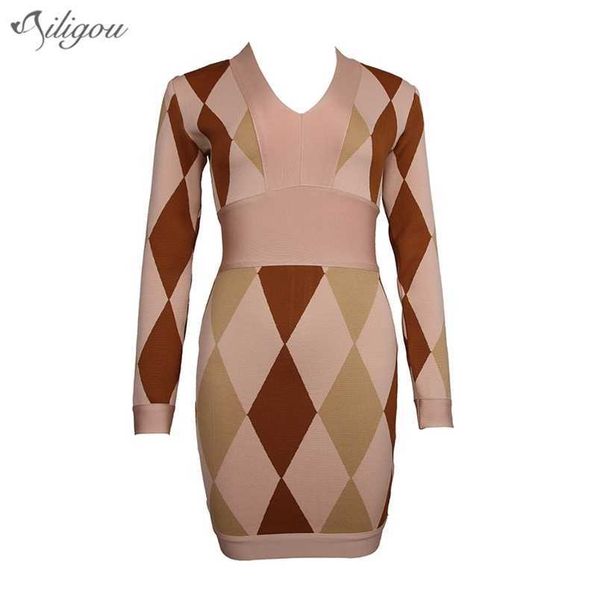 

long sleeve v-neck plaid mini women's bodycon bandage dress designer fashion party club vestido 210525, Black;gray