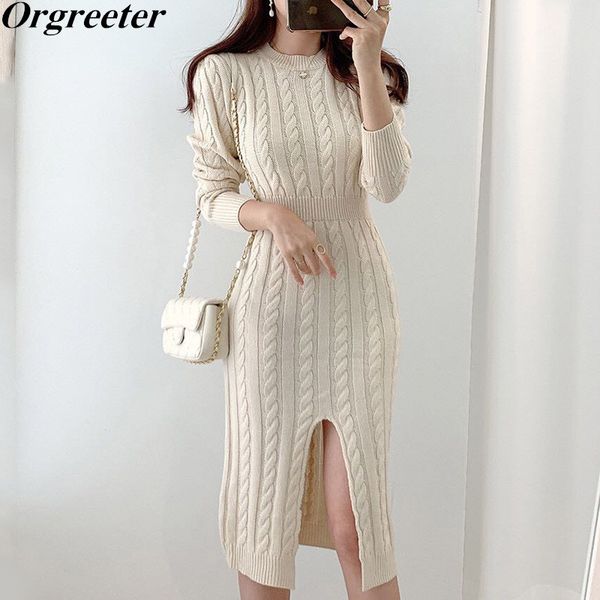 

chic spring fall elegant o-neck halter twist bottoming sweater dress women slim high waist front split knit female 210525, Black;gray