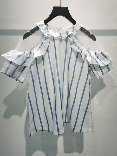 

women's blouses & shirts 2021 summer women stripes blouse lady ruffles trim stitching mesh off-shoulder shirt and, White