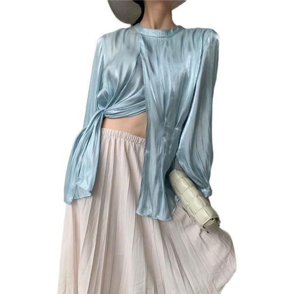 

women's blouses & shirts autumn spring multi-wearing shiny satin three-dimensional pleated irregular knotted women fashion streetwear, White