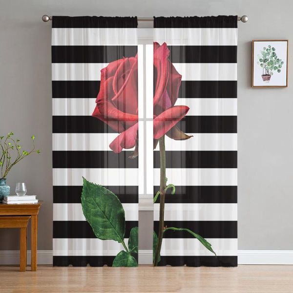 

curtain & drapes black and white striped red rose flower sheer curtains for living room modern voile bedroom tulle window