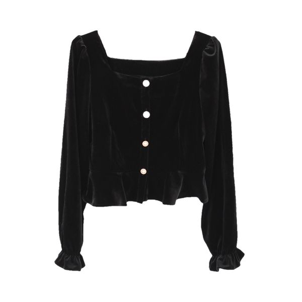 

wine black velvet slash neck long sleeve button puff b0574 210514, White