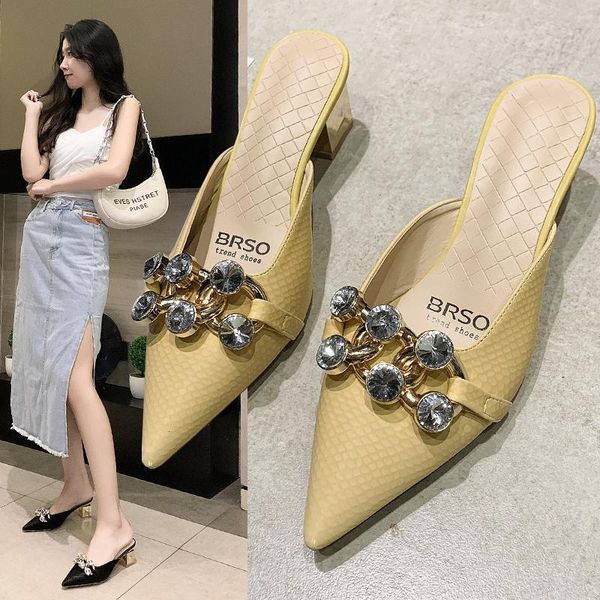 

slippers women fashion shoes 2021 summer rhinestone metal buckle pointed toe sandals thick heel muller, Black