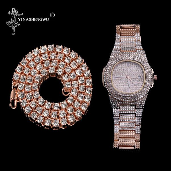 

wristwatches mens watches hip hop punk bling 1 row rhinestone tennis chain & watch set silver gold rose color necklace for men women, Slivery;brown
