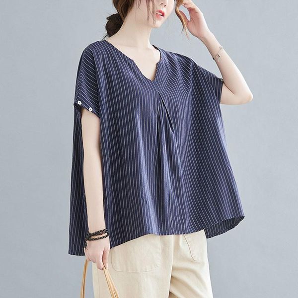 

oversized women cotton linen casual t-shirts 2021 summer simple style vintage v-neck striped loose female tees s3610 women's t-shirt, White