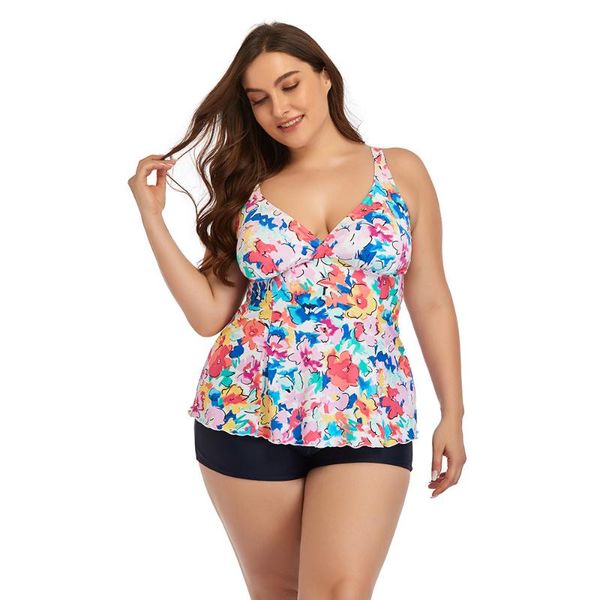 

one-piece suits plus size women's swimsuit 2021 summer floral print 2 piece with shorts high waist beachwear bikini set