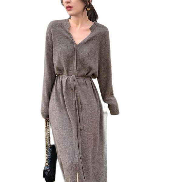 

casual dresses winter 2021 dress retro women's knitwear short v-neck warm drawstring loose midi street, Black;gray