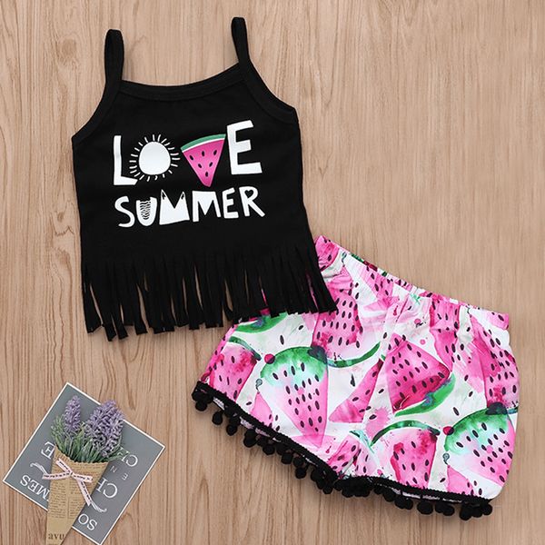 Verão bebê meninas roupas conjuntos primavera outono moda menina roupa preto letra de impressão de impressão + melancia rosa suave bola borda shorts conjunto de crianças