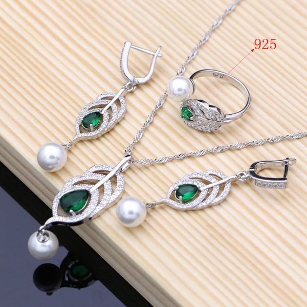 

silver 925 bridal pearls jewelry sets natural green zircon women wedding earrings adjustable ring bracelets necklace set, Black