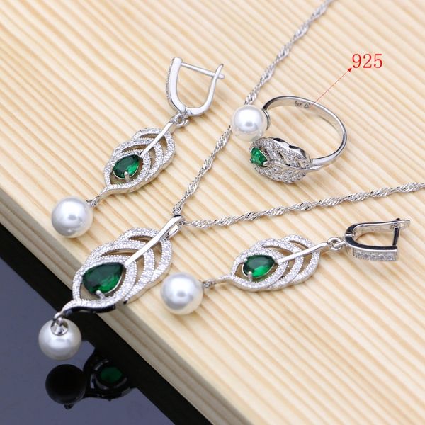 Silber 925 Braut Perlen Schmuck Sets natürlichen grünen Zirkon Frauen Hochzeit Ohrringe verstellbare Ring Armbänder Halskette Set