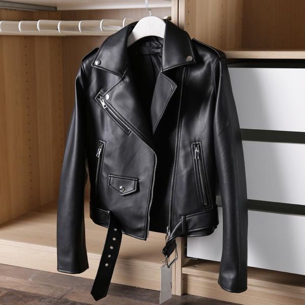 

women's leather & faux 2021 spring autumn women blue jacket ladies solid with belt zipper biker coat female casual outwear veste femme, Black