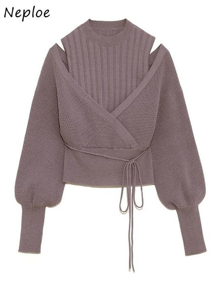 

women's sweaters neploe turtleneck drawstring puff sleeve knitted sweet loose shoulder strapless women autumn winter pullovers, White;black