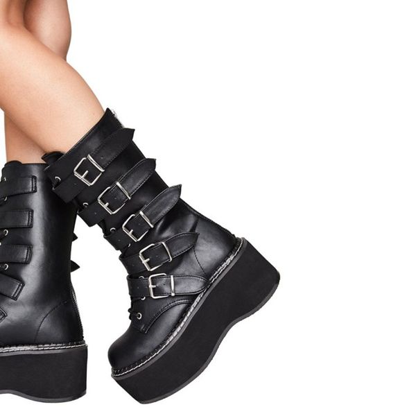 

plus size 43 halloween cosplay buckles strap fashion black cool gothic punk combat motorcycles boots shoes women
