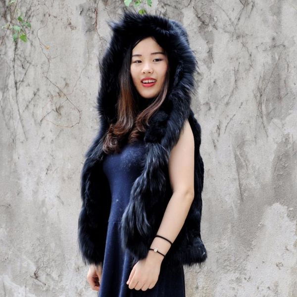 

women's vests cx-g-b-87a womens genuine natural real fur with raccoon collar waistcoat/jackets, Black;white