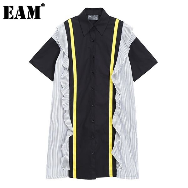 

[eam] women black spliced big size ruffles mesh dress lapel short sleeve loose fit fashion spring summer 1dd7661 210512, Black;gray