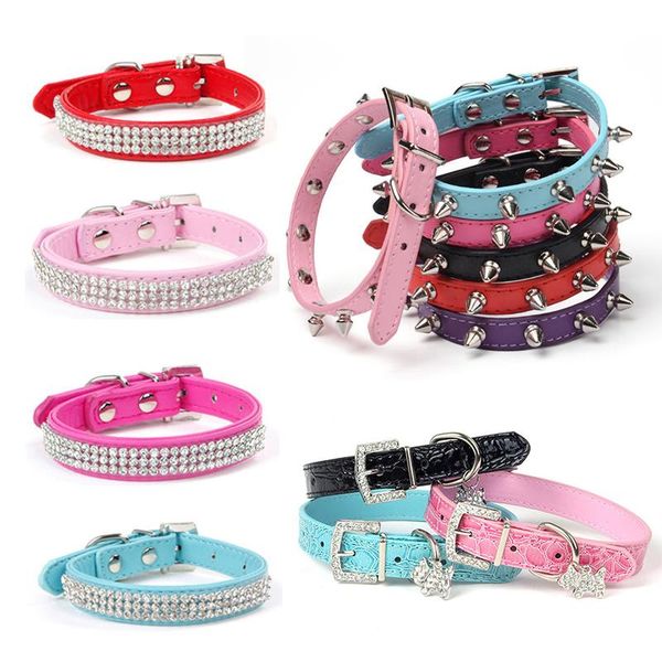 

dog collars & leashes bling rhinestone puppy adjustable pu leather pet collar for small medium large dogs pug chihuahua accessories
